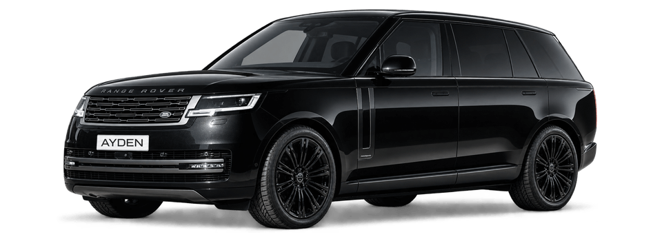Schwarzer Range Rover von AYDEN, Ansicht schräg von vorn