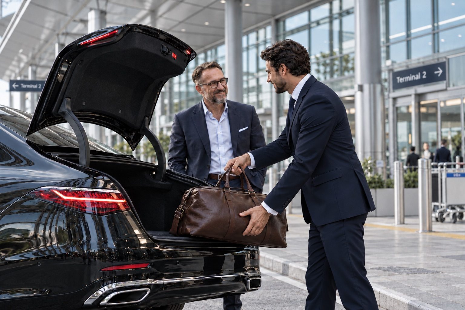 Chauffeur von AYDEN lädt die Reisetasche eines Geschäftsreisenden vor Terminal 2 in den Kofferraum