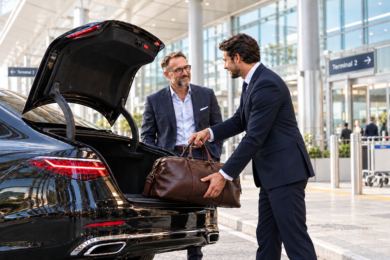 Chauffeur von AYDEN lädt die Reisetasche eines Geschäftsreisenden vor Terminal 2 in den Kofferraum einer schwarzen Limousine