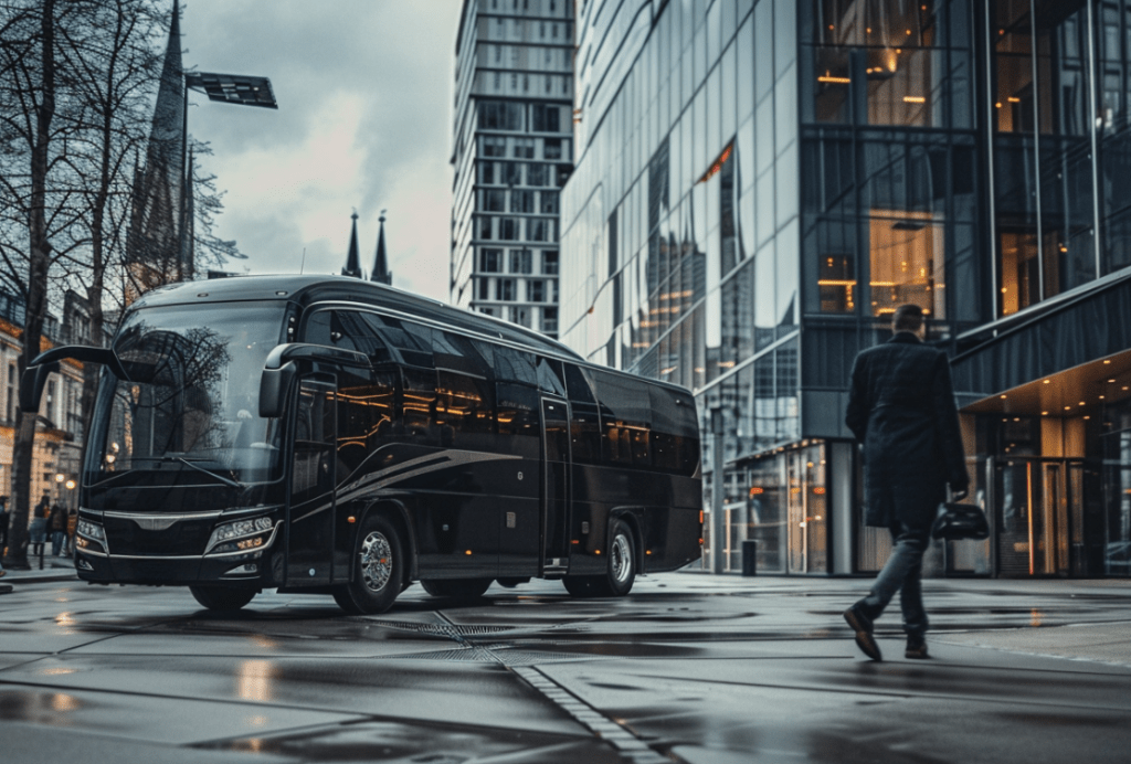 Schwarzer Reisebus des Fahrservices in einer modernen Stadt